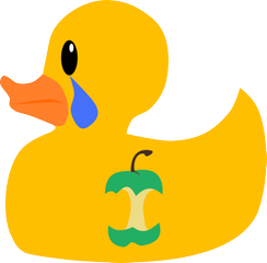 Sad looking cartoon yellow rubber duck with nf-core logo badge on it's body, with a large blue tear coming out of it's eye.