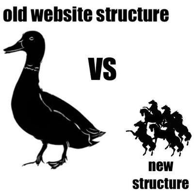 a drawing of a large duck standing next to several tiny horses and the word 'vs' in-between.
The duck has the title 'old website structure' and the horses have the title 'new structure'.